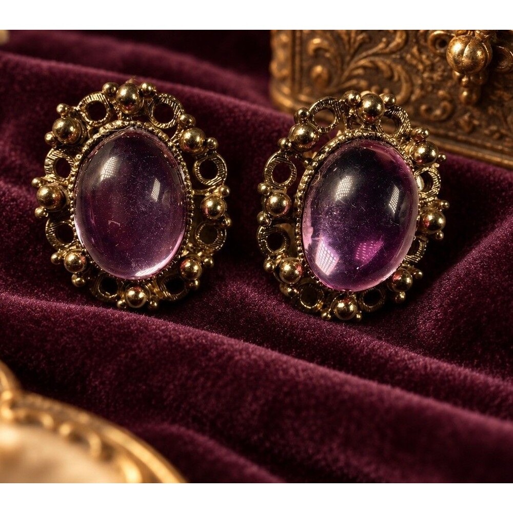 Vintage Purple Cabochon Statement Earrings Gold Tone Ornate Pierced Posts